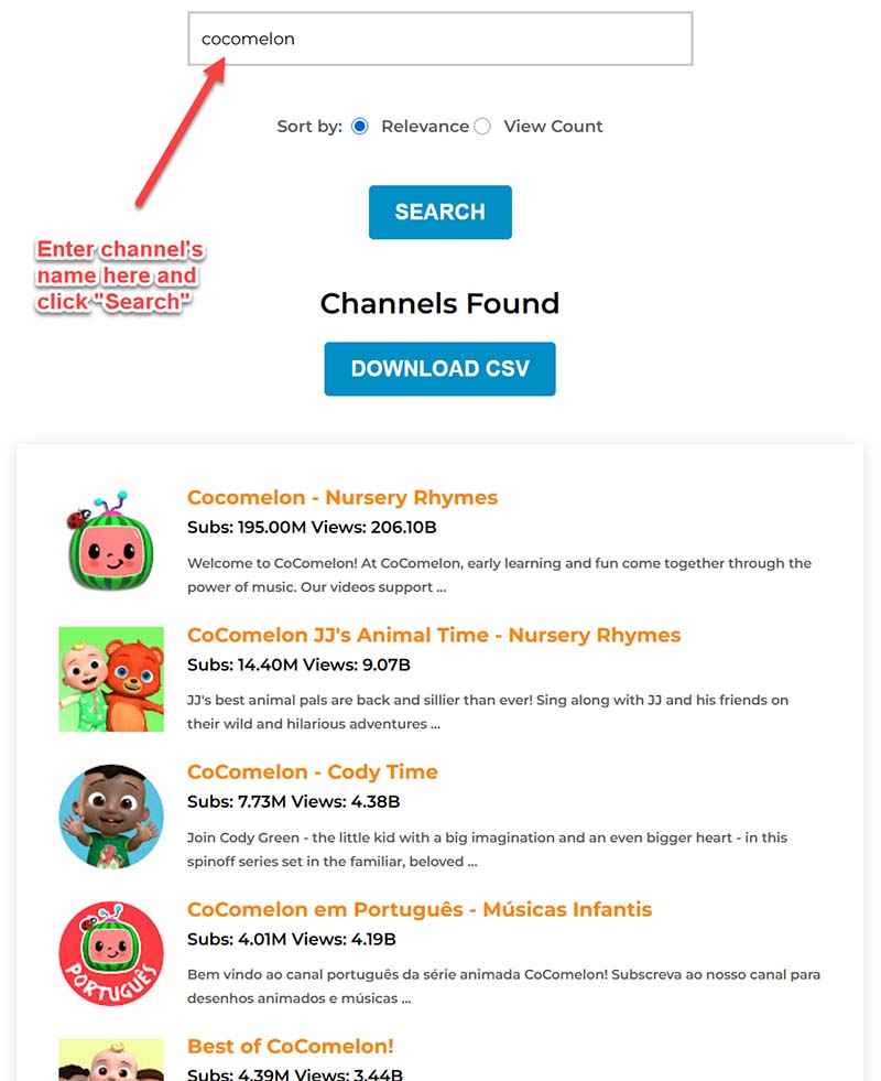 channel search results