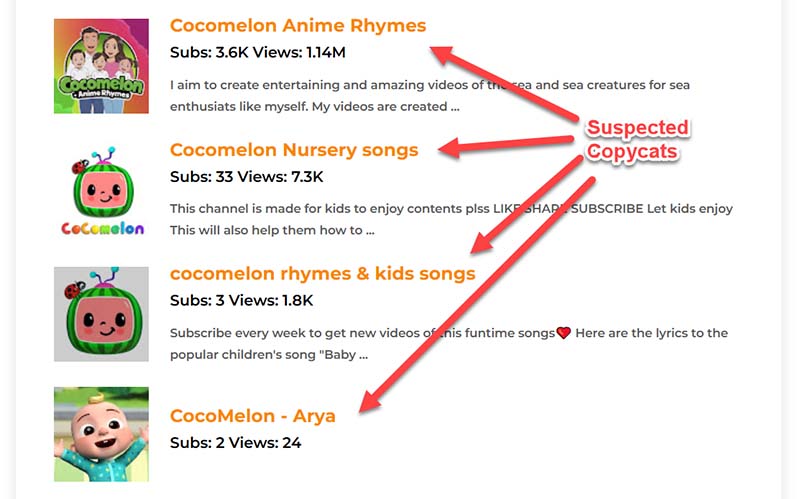 youtube channel search results suspected copycat channels