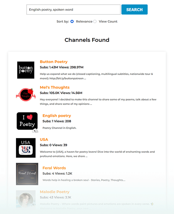 channel search results screenshot