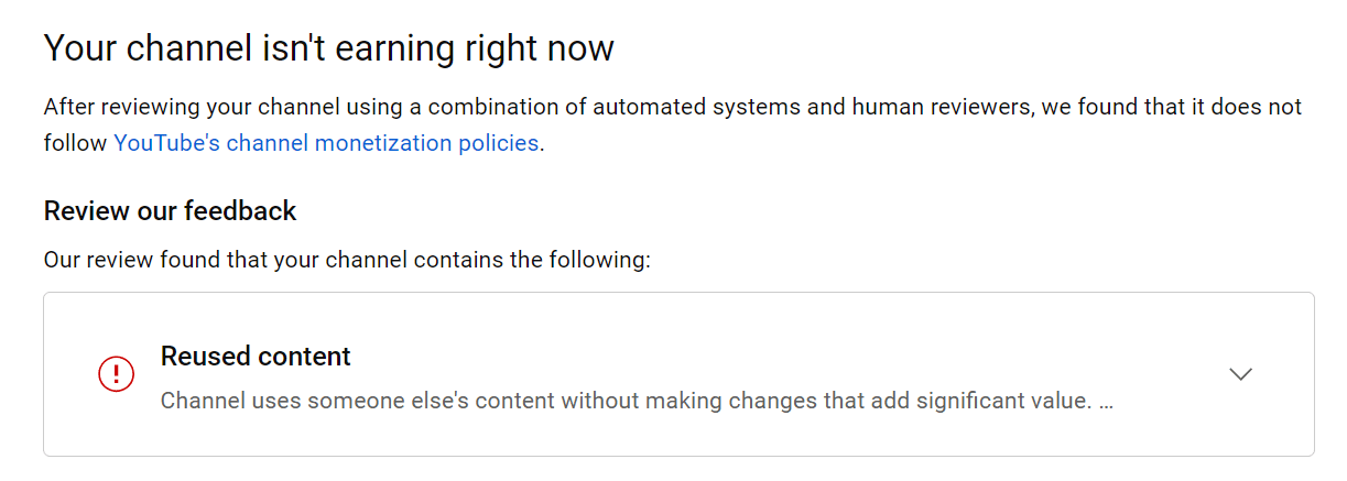 demonetized youtube channel due reused content