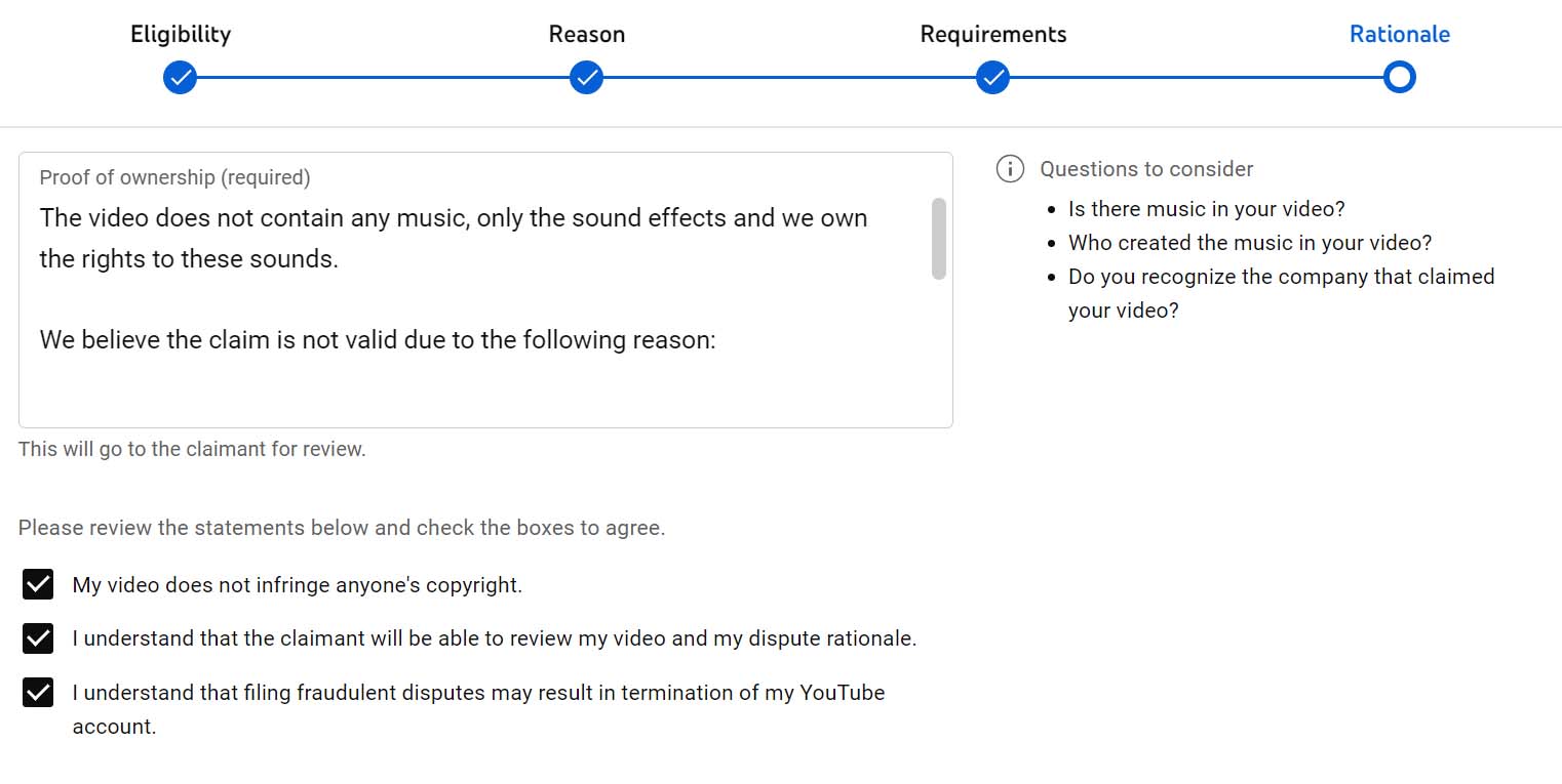 rationale for disputing copyright claim