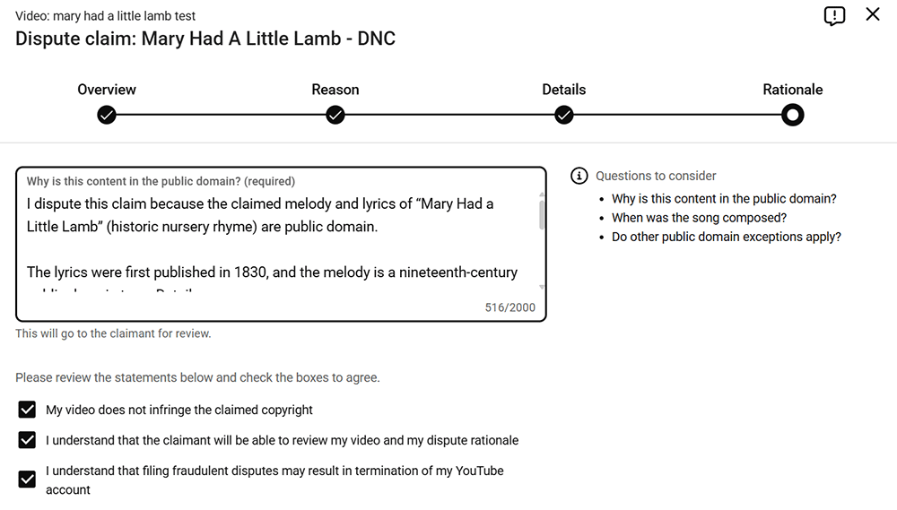 copyright dispute reason details example
