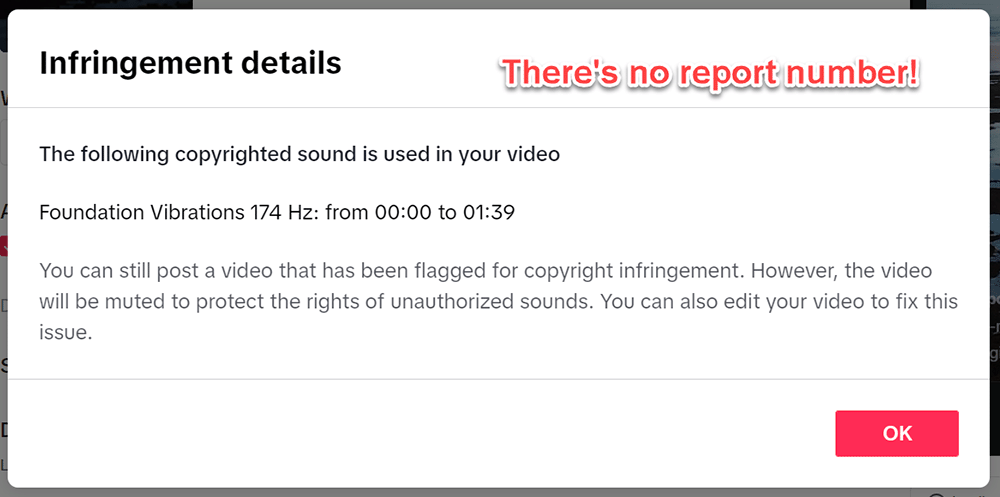 tiktok copyright claim example no report number