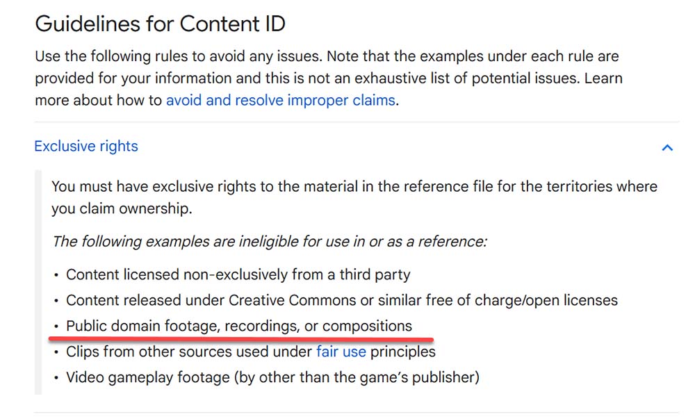 youtube content id rules for public domain music