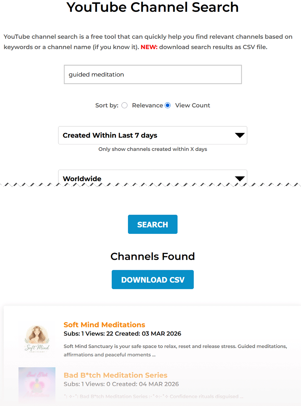 youtube channel search tool example results
