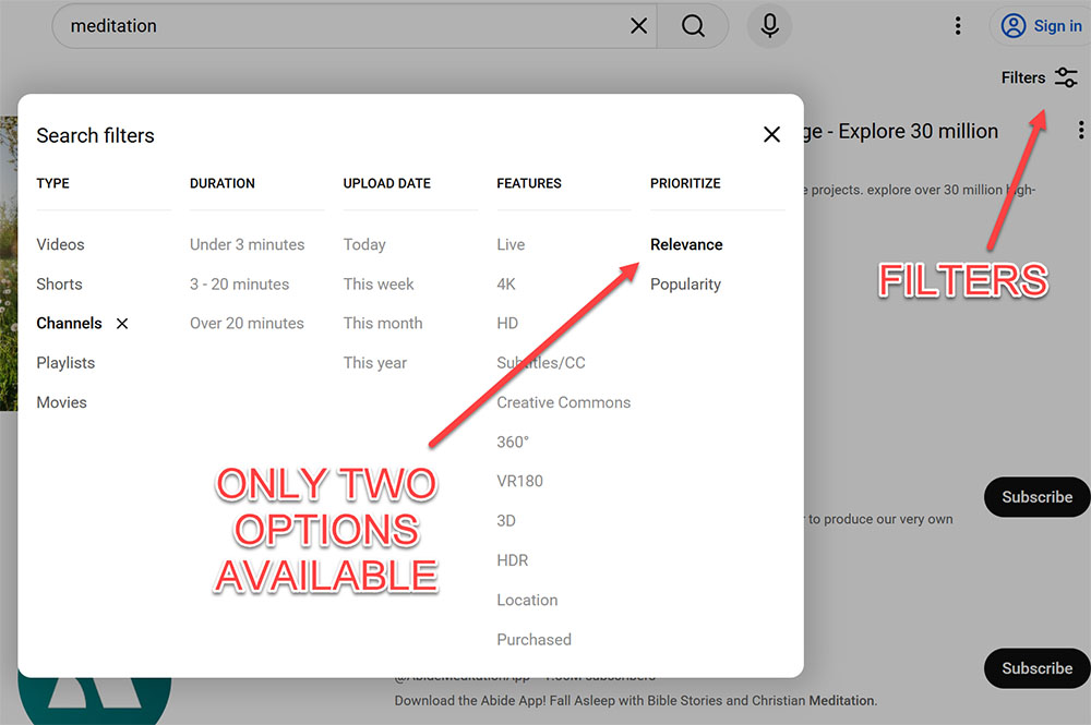 youtube search filters example screenshot