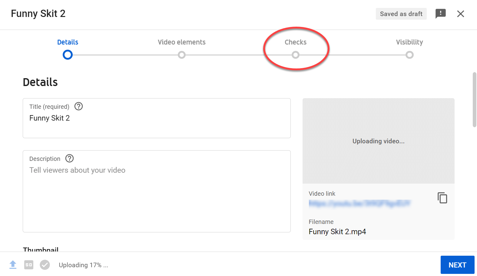 YouTube upload initial screen with copyright checks tab